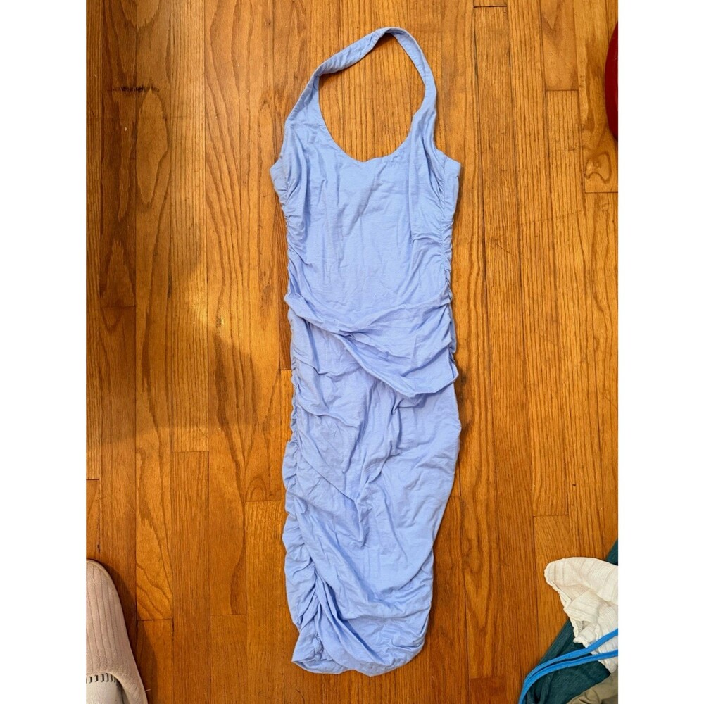 Velvet Graham Spencer Amanda Halter Dress M Blue Ruched Bodycon Made USA